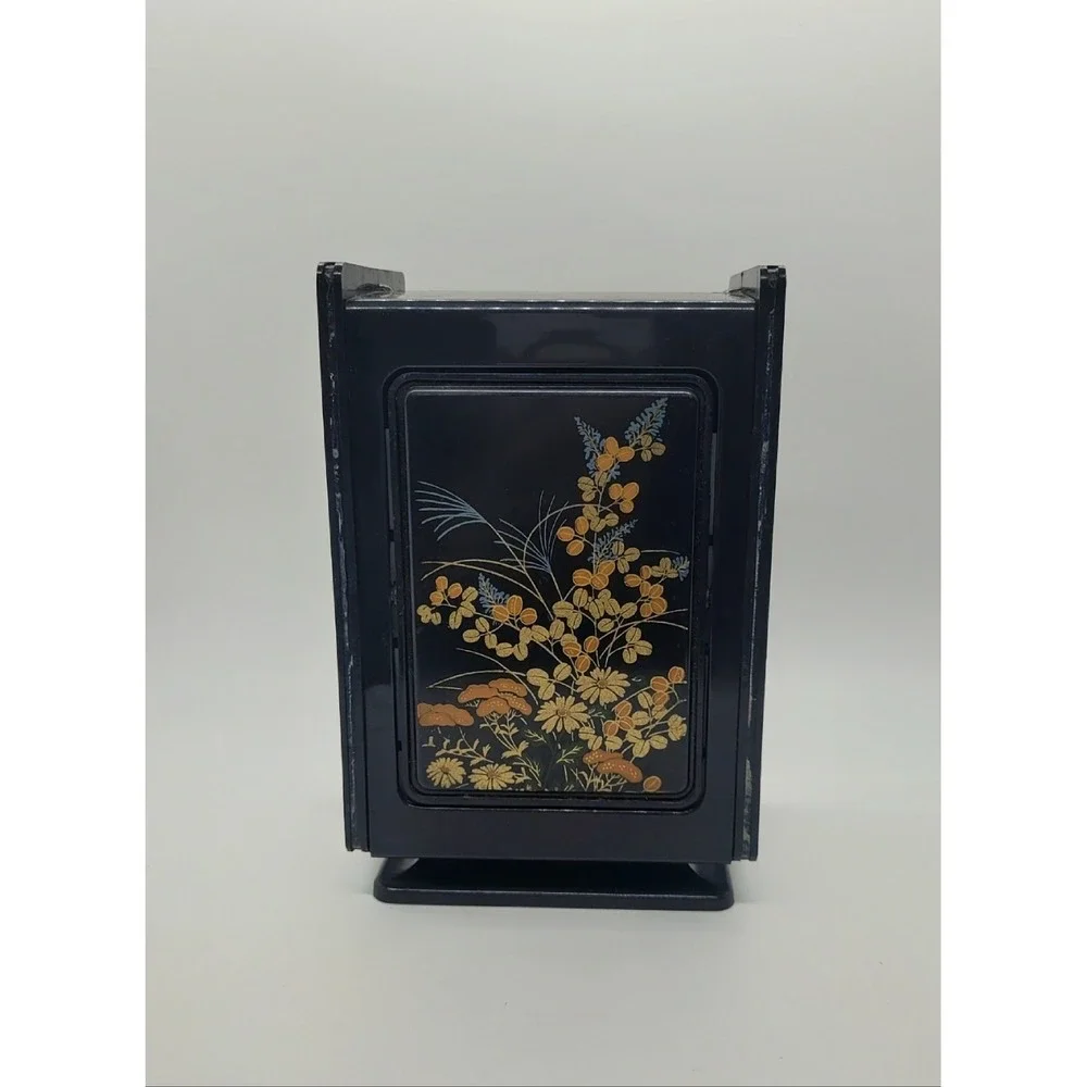 Vintage Japanese Style Black Floral Jewelry Box 4 Drawer Mirror Vanity Organizer